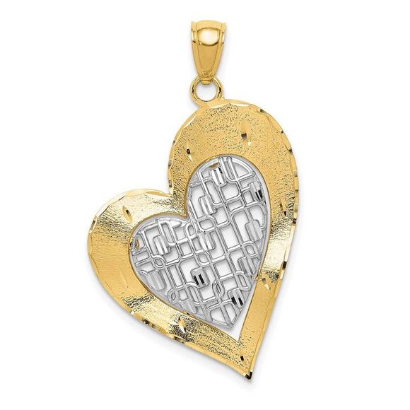 14k Two Tone Gold Satin and Diamond Cut Fancy Heart Pendant, 22mm - Picture 1 of 4